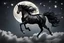 Placeholder: Flying glossy black horse, large moon, stars