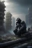 Placeholder: photorealistic gorilla in ruins of future dystopia city landscape