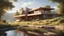 Placeholder: beautiful house, perfect architecture, style Frank Lloyd-Wright, rural environment, sunshine, volumetric lighting, trees, river, distant mountains, award-winning photograph, photorealism, superb details, light and shade, beautiful composition, attractive, peaceful, exquisite