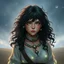 Placeholder: digital art portrait of a beautiful young fighter, pastel style, fantasy, long messy curly black hair, green eyes, wild, dressed in light-filled romantic outfit, ornaments, collar, standing on fields, night time, stars, realistic, sexy,