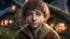 Placeholder: little young hobbit boy, handsome, peaceful, confident, calm, wise, happy, facing camera, head and shoulders, hobbit clothing, perfect eyes, exquisite composition, hobbit village with light from round windows of hobbit homes, night scene, stars, fireflies, beautiful intricate insanely detailed octane render, 16k artistic photography, photorealistic concept art, soft natural volumetric cinematic perfect light, chiaroscuro, award-winning photograph, masterpiece, William-Adolphe Bouguereau