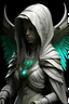 Placeholder: female, saint, angel wings, white hood, glowing runes, nordic runes, turquoise runes, eyes covered with a bandage, full body raw, hard-edge style,highly detailed, high details, masterpiece,ultra detailed, ultra quality