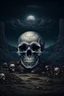 Placeholder: a skull in a desolate night landscape with mushrooms, semi-realistic, drawing, dark, old, abandoned, art, painting, anime style