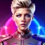 Placeholder: Katheryn Winnick, Cyborg anime warrior, light blonde short hair, pixie hairstyle, cobalt eyes, waist up portrait, 8k resolution, retroanime, intricate details, neon details, soft lighting, vibrant colors, masterpiece, intricate eyeliner, dark eyeshadow, eyes, intricate tattoos, gradient background