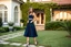 Placeholder: very beautiful lady with beautiful midi dark blue skirt and top standing in a luxury villa yard with high heels looking to camera