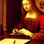 Placeholder: leonardo da vinci works in his study on a laptop at his desk. painting in photoshop. hyperdetailed, warm colors, movie poster, photoillustration, oil on canvas, lens flare