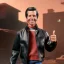 Placeholder: wide view uoung Plastic Fonzie with blackhair toy Action figure doll 1975 realistic (thumbs-up) (face) Forehead grin, fonzarelli, jukebox background, eyes