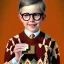 Placeholder: Peter Billingsley chubby lad Tortoise-shell glasses, holding a ((Dark red soap bar)) in his hand, brown argyle sweater