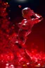 Placeholder: ultra detailed shot of a shattering sculpture made of red glass in a female shape, full body zoomed, ((red glitter floating around)), side view, motion effects, ((shattering sculpture)), colorful cristal particles floating as the sculptures shatter in loads of pieces, studio lights, ultra sharp focus, high speed shot, art by Mschiffer, soft colors,