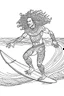 Placeholder: Outline art for coloring page OF A BUFF NATIVE SURFER WITH BIG CURLY KINKY HAIR WEARING SHORTS RIDING A SURFBOARD ON A WAVE, coloring page, white background, Sketch style, only use outline, clean line art, white background, no shadows, no shading, no color, clear