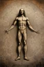 Placeholder: Human – Language – Computer. Leonardo da Vinci's Vitruvian man against the background of the matrix and the crumbling ones and zeroes. close-up of the surrounding area. Solid science fiction, high resolution