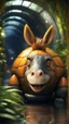 Placeholder: close up, magazine cover, smiling with front teeth, metallic yellow orange donkey turtle with friendly cute face and hair locks in dark lit reflective wet jungle metallic hall dome hotel tunnel, in the style of a game,bokeh like f/0.8, tilt-shift lens 8k, high detail, smooth render, down-light, unreal engine, prize winning