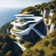 Placeholder: Casa campestre en un acantilado con un precipicio alto junto al mar, arquitectura Neofuturista estilo Zaha Hadid, árboles, gente, cielo clima de verano,vista aérea