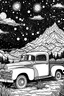 Placeholder: coloring Vintage Pickup under a Starry Night Sky: Depict a classic pickup in a nighttime setting, under a sky filled with stars, offering a dreamy and magical coloring page