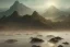 Placeholder: Cthulhu rising, dark, ocean, mist, mountains in background