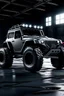 Placeholder: Grey futuristic long jeep with massive black rims and rotating headlights