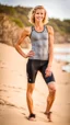 Placeholder: anorexic beautiful 19 year old woman, total shot, grey capri leggins, triathlon top, short blonde wavy bob hair, blurred beach background