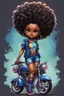 Placeholder: create an pshchedelic art illustration of a chibi cartoon voluptuous black female wearing a blue jean outfit with a tie dye tshirt with biker boots. Prominent make up with hazel eyes. Extremely highly detail of a tight curly black and shiny afro. Background of a bike show