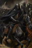 Placeholder: Oil painting of a king poked on his black horse and wearing full black and fur Raset battle and those around him fighting Photorealistic