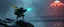 Placeholder: volume fog light, hyper real close up on rock ant cricket gremlin man general with hi tech transcendent weapon arsenal from hell, guarding bridge up to space saucer neon plastic transparent