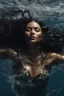 Placeholder: a beautiful woman, long curly black hair,closed eyes,coming from beneath the water,braking the surface with her face just coming out the water,looking up symbolism for breaking free. realistic,8k quality, action close shot from areal view,highly detailed , chaos 80