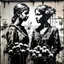 Placeholder: a woman in love with another woman, she looks proud, black flowers, style of banksy