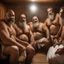 Placeholder: close up photography of a group of turkish and marocan 48 years old ugly chubby muscular men embraced, manly chest, covered with the towel at the hip, long beard, shaved hair, photorealistic, manly legs, manly arms, sitting in a steamy sauna, clouds of steam, side light