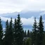 Placeholder: A photo of a group of fir trees and high mountains in the distance. A lake. House. Odd dark person. Fog is present.