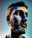 Placeholder: Ultra Realistic image, roman sculpture, marble deluxe material, Lionel Messi, Laurel leaves crown model, miguel angel style, chisel style, wide stripes brush blue paint, emperador, waist up portrait, cinematic lighting, God light, god rays, 4k resolution, smooth details, ornate details, soft lighting, unreal engine 5, sky background.