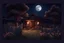 Placeholder: Dry trees, night, full moon, cabin, yard with flowers, fence