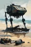 Placeholder: [Alex Maleev] Abandoned war robot wreckage on the beach, kids are approaching it from the beach in a small barque