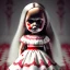 Placeholder: A girl's doll wearing a white dress with red blood bleeding from the back