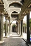 Placeholder: Columns of an Islamic palace with a ceiling with Arabic designs and letters and a view of the back garden