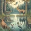 Placeholder: A detailed illustration with forest animals at the egde of a forest drinking from a lake.