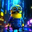 Placeholder: "Generate an edgy and inventive artwork reimagining the 'Minions' from 'Despicable Me' as tech-savvy hackers. Infuse them with a cyberpunk aesthetic, outfitting them with futuristic attire and high-tech gadgets. Place them in a neon-lit, bustling metropolis filled with digital interfaces and holographic displays. Convey a sense of unity and purpose as they work together in this cybernetic world, showcasing their newfound proficiency in hacking and digital mischief."