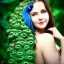 Placeholder: sourceress girl, beautiful, cute, intricate plants in the hair, blue bird fly, peacock skin, misterious smile, like an elf, tiled, sun ray, high definition, cinematic, rendering