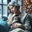 Placeholder: create a sleeping grey haired middle aged woman with chin length hair, sitting on a chair, in front of a window, holding her beloved gray and white tabby Oriental shorthair cat, also sleeping, in her arms. Serene peaceful calm. the snow falling outside