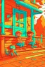 Placeholder: kids illustration, Cats on the porch, cartoon style, thick lines, low detail, vivid color