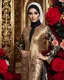 Placeholder: Luxury potrait of a beautiful super model hijab beauty makeup cosmetic,she wearing islamic a luxurious details pattern color gold and black casual jacket with designed large flower details that resemble roses.The dress has an asymmetrical design with one sleeve and a flowing skirt.background of the image shows a red carpet event with floral decorations,close-up portrait