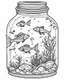 Placeholder: fish sea life in jar minimalistic, line art, background, vector, svg, coloring book page style, black outline on white background