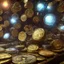 Placeholder: dynamic lighting, Intricately detailed, Splash screen art, deep color, Unreal Engine, volumetric lighting, silver coins, gold coins, silver treasure, stacked coins, indoors, altar, black table, sigil, shiny, steampunk, steam punk,