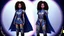 Placeholder: She's diminutive, with brown skin, short black dreadlocks hair. She has indigo blue eyes. She has a long blue cape over a white dress.