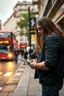 Placeholder: A stalker wants an autograph from a long-haired rock musician on a street in central London. The stalker is an overweight soon bald 25-year-old and looks a bit slimy, the atmosphere is oppressive and unpleasant, lot of traffic and london busses, hectic hour, a nice hotel
