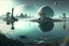 Placeholder: Alien landscape with grey exoplanet in the sky, Lagoon reflection, vegetation, sci-fi, concept art, movie poster