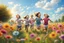 Placeholder: happy children run in the summer meadow, surrounding colors flowers, meadow, Happy and harmony vibe, blu sky and the little wind, high detailed, high realistic, sharp focuses, photorealistic, cinematic