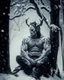 Placeholder: man sitting on a tree in a relaxed laid back style, middle of a snowy forest, muscular athletic physique, wearing a japanese Hannya demon mask over face, cinematic greyish filter