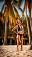 Placeholder: beautiful anorexic woman, standing, short triathlon swimsuit, medium length wavy haircut, photographed by sports illustrated, red hair, palm trees