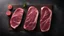 Placeholder: Food backgrounds: overhead view of two raw juicy beef steak fillets on a cutting board shot on black table. The composition is at the left of an horizontal frame leaving useful copy space for text and/or logo at the right. High resolution 42Mp studio digital capture taken with SONY A7rII and Zeiss Batis 40mm F2.0 CF lens