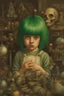 Placeholder: Little girl with green hair in Cyberpunk wunderkammer painted by Caravaggio, unsane details, soft colors, lot of space around the girl with a lot of strange objects