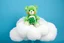 Placeholder: overstuffed white plushie stuffed toy clouds, a vintage good-luck-bear(care bear, Green) plush with tummy symbol(4 leaf clover) sitting on top of the cloud, blue background